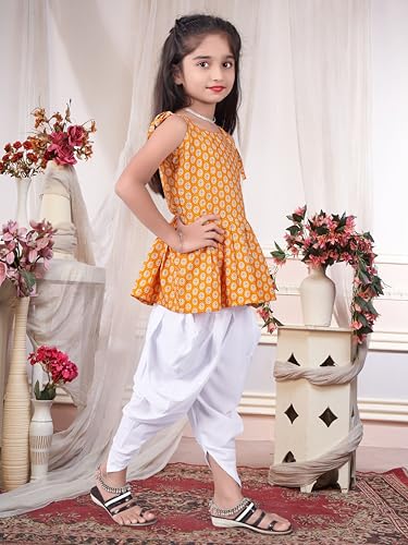 Image of Girls Ethnic Printed Peplum Top and White Dhoti Pant Set | Stylish Sleeveless Kurti with Comfortable Bottom | Traditional Festive Outfit for Kids
