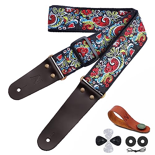 Correa de guitarra Nefelibata, correas de guitarra de algodón bordadas con extremos de piel genuino para...