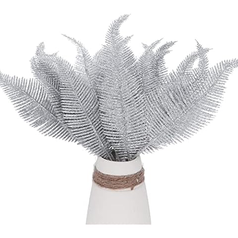 20 Pieces Artificial Christmas Glitter Leaves Branches Sparkly Fake Leaf Sprays for Christmas Tree Picks 10" Ornament Floral Arrangements DIY Crafts Wreaths and Holiday Decoration Tree Filler (Silver) Cover