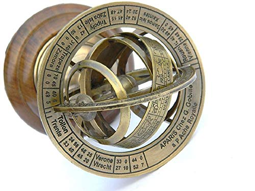 Roorkee Instruments (India) Solid Brass Demonstrational Armillary Sphere, Wooden Base Engraved Brass Tabletop, Armillary Nautical Sphere Globe, Vintage Nautical DÃ©cor