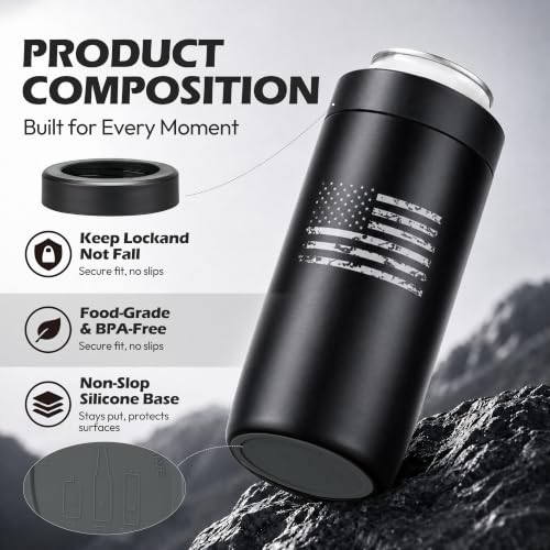 Image of 4-in-1 Slim Can Cooler Easy to Hold Insulated Beer Can Holder Double-walled Stainless Steel for All 12 Oz Cans (Black America Flag)