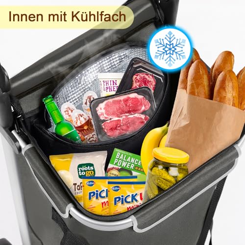 AMHANCIBLE Einkaufstrolley, Einkaufswagen mit Kühlfach, 50 Liter, 3in1klappbar Trolley, Einkaufstasche mit Rollen, Handwagen, Tasche abnehmbar, Grau EHSC01GY – Bild 4