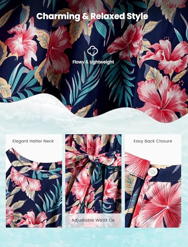 Image of PATPAT Family Hawaiian Matching Outfits - Mommy and Me Vacation Outfits | Halter Sundresses and Button Down Shirts,Caribbean Vacation Summer Tropical Outfits,Hawaiian Boho Tropical Floral Printed