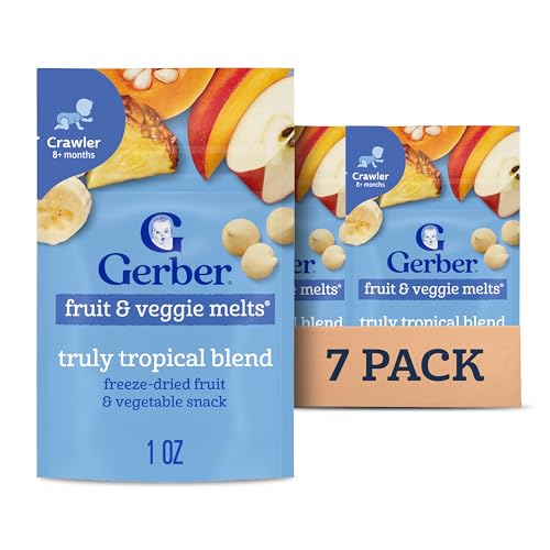 Image of Gerber Stage 3 Baby Snacks, Truly Tropical Blend, Fruit & Veggie Melts, Baby Led Feeding, 7PK