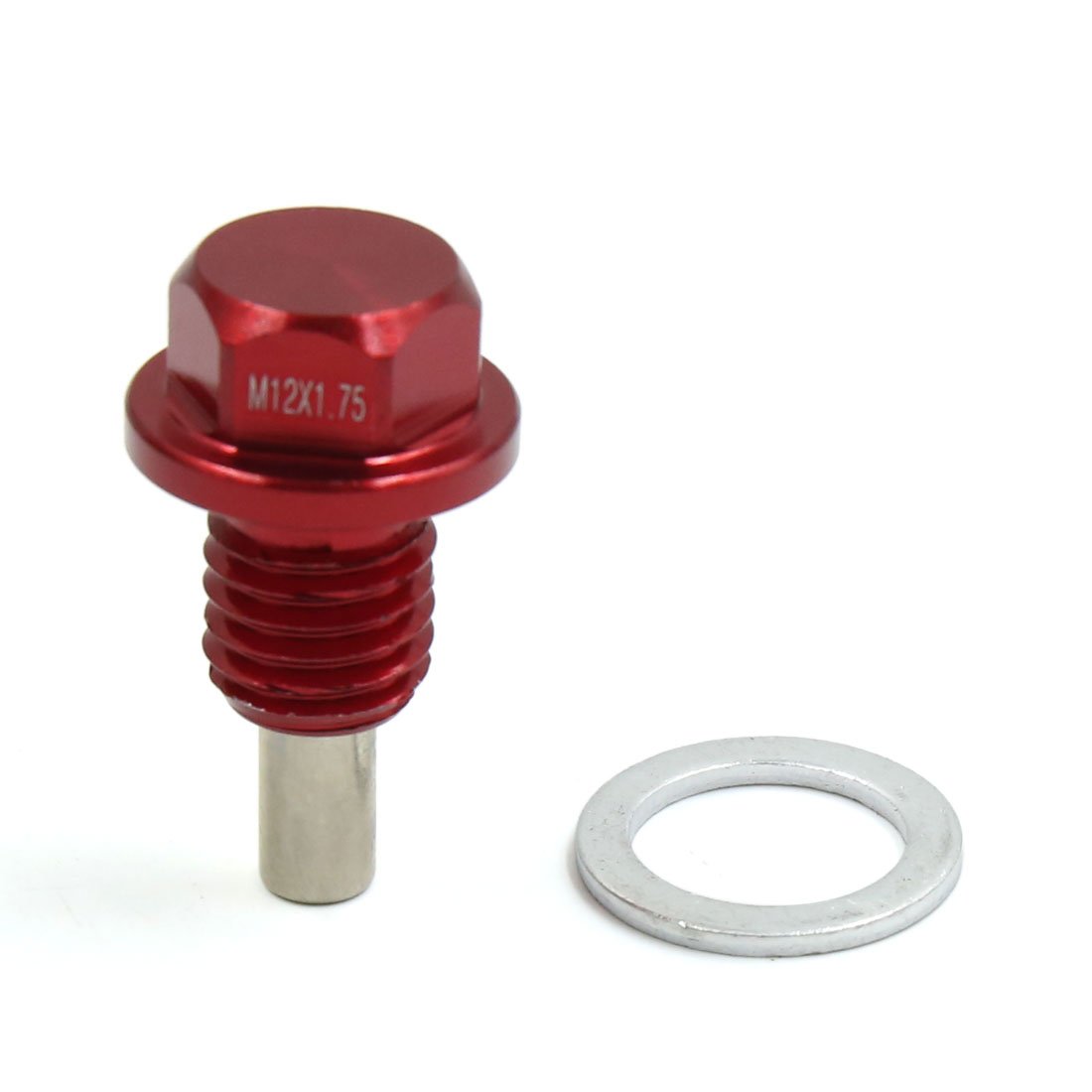 sourcing map Tornillo Drenaje Magnético Rojo 1Pc para Coche Aluminio | M12 X 1,75, Aleación De Aluminio, Rojo, Con Arandela, Recoge Partículas Metálicas