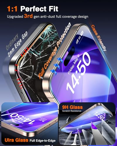Image of LK 3 Pack for iPhone 15 Pro Max Screen Protector Tempered Glass [One-Pull Install] [Auto-Dusting 0 Bubble] Military Grade Shatterproof, Full Coverage Top 9H Screen Protector for 15 Pro Max, HD Ultra