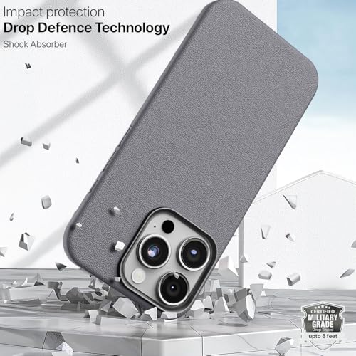 Image of GRIPP Heritage Xtreme Case Compatible with Mag-Safe for iPhone 16 Pro Max | 8ft Drop-Tested with D30 Tech, Premium Leatherette & Silicon, Metal Buttons, Luxuriantly Smooth Texture Back Cover - Grey