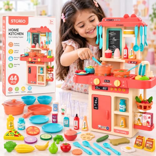 Storio Kitchen Set for Girls, 44-Piece Kids Kitchen Set with Steam