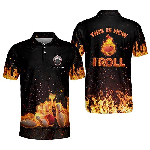 LASFOUR Personalized Bowling Jerseys for Men, Black Flame Bowling Shirt Short Sleeve Polo, How I Roll Crazy Bowling Team Shirts with Names (Style9)