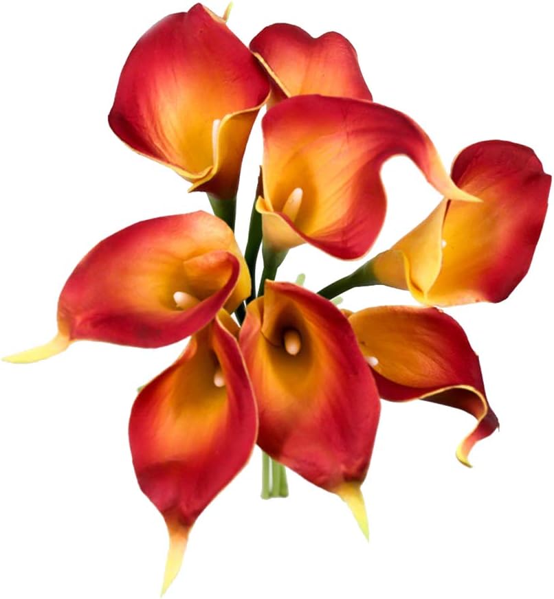 IPOPU Artificial Calla Lily Bridal Wedding Bouquet Real Touch Wedding Flower Home Party Decor Pack of 10 Red in Yellow