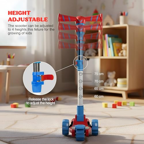 Image of Baybee Kitty Kick Scooter for Kids | Foldable Kid Scooter with 4 Height Adjustable Handle & Brake | Skate Scooters with LED PU Wheels | Runner Scooters for Kids 3 to 10 Years Boys Girls (Red /Blue)