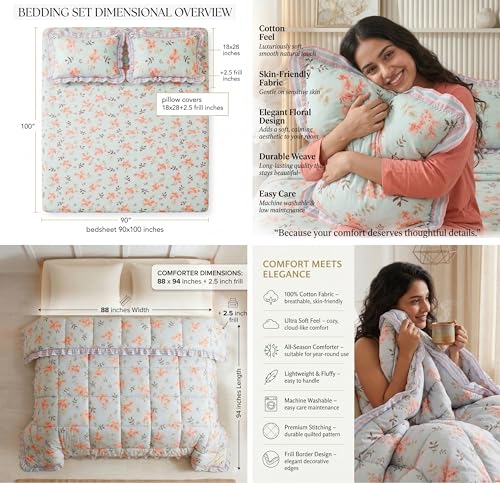 Image of HOMEKART 280 TC King Size Cotton 4pc AC Comforter Set: Soft Frill Quilt, Bedding Set Flat Sheet & 2 Frill Pillow Covers (Sky Blue and Peach Floral)