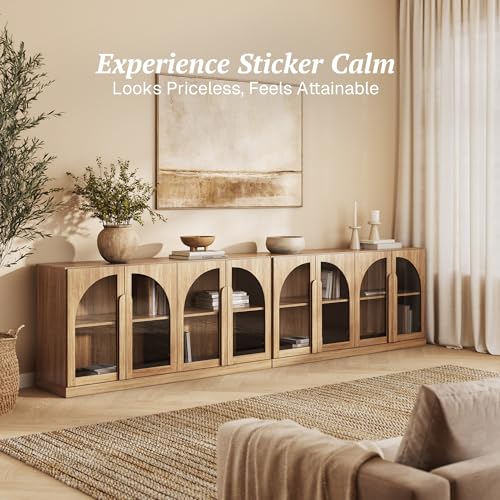 Image of BELLEZE Set of 2 Bijou 64 inch Modern Buffet Sideboard, Mid-Century Arched Glass Door Cabinet, Wood Grain Console for Living Room, Kitchen, Entryway - Camel