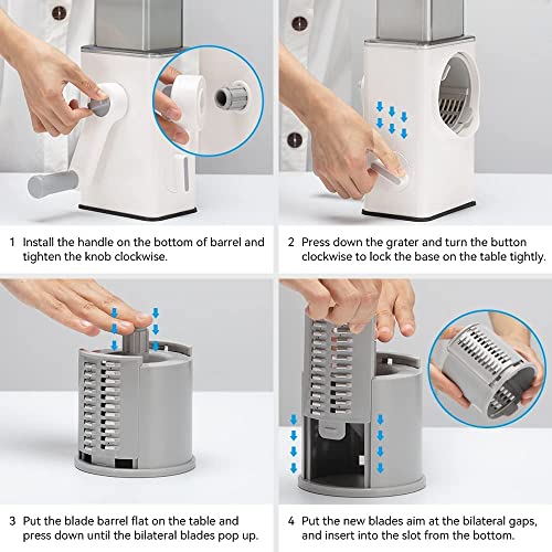 Rotary Cheese Grater Kitchen Shredder With Enlarge Veggie Entrance Round Vegetable Mandoline Slicer Grater For Nuts, Vegetable, Chocolate, Chesse - 5 Stainless Steel Blades #TOP5