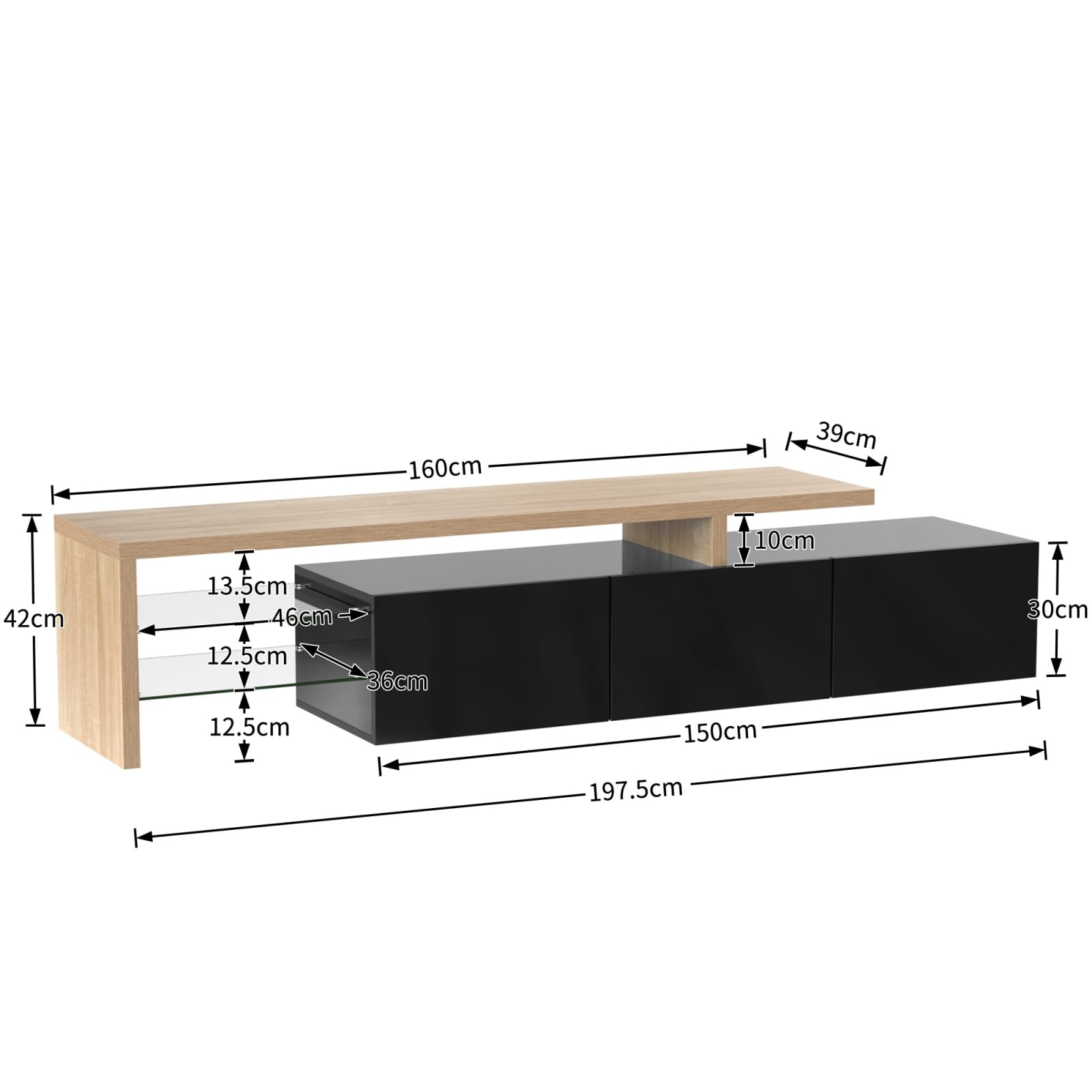 KOMHTOM Meuble TV blanc/noir avec LED, buffet avec 3 portes et 2 plateaux en verre, meuble multifonctionnel pour salon et chambre (Noir)