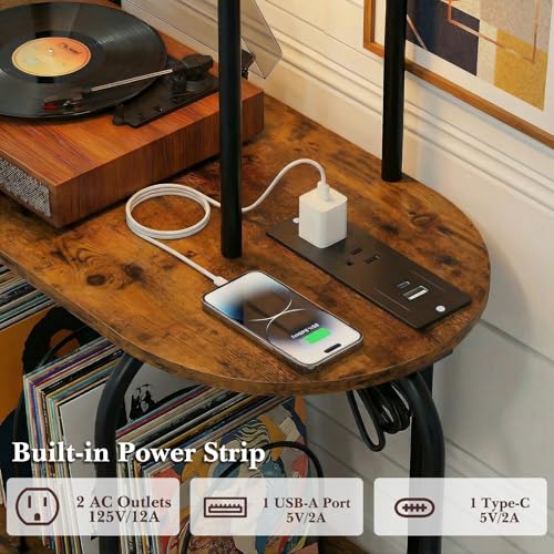 Image of Faesun Record Player Stand with Storage, 5-Tier Turntable Stand with Charging Station, CD Storage with Adjustable Book Stoppers, for CDs, Vinyl Records, Books, Games, for Living Room, Bedroom, Rustic