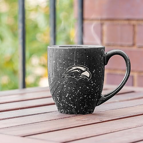 Image of Rico Industries NCAA Southern Mississippi Golden Eagles Black Personalized 16 oz Team Color Laser Engraved Speckled Ceramic Coffee Mug