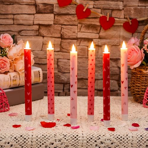 Lyrow 6 Pcs Valentine\'day Flameless Taper Candles with Red Heart 11 Inch Real Wax LED Candles Flickering Battery Operated Candlesticks for Valentines Gifts Proposal Wedding Anniversary Romantic Night - Thumbnail 2
