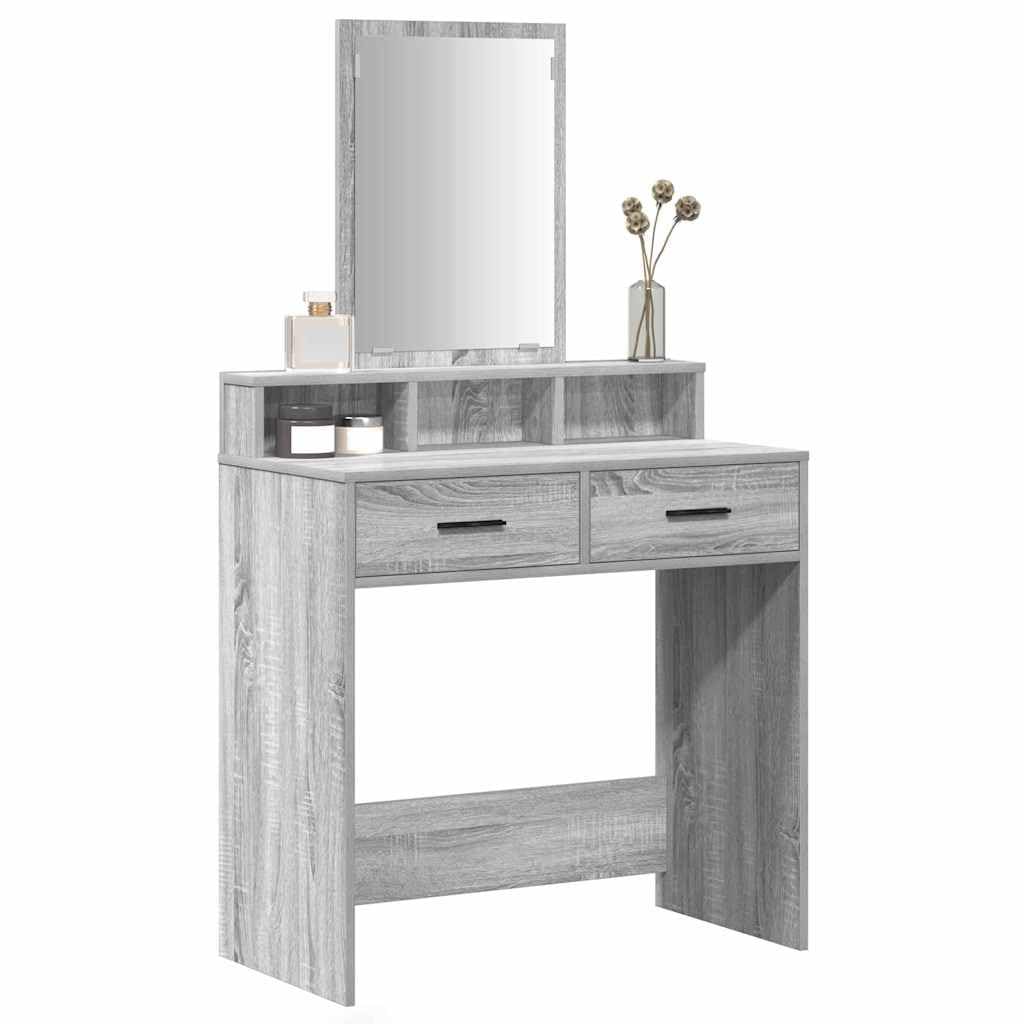 Tavolo da trucco grigio Sonoma in legno ingegnerizzato 79 x 41 x 140 cm con specchio piano e 2 cassetti, mobiletto consolle salvaspazio per camera da letto