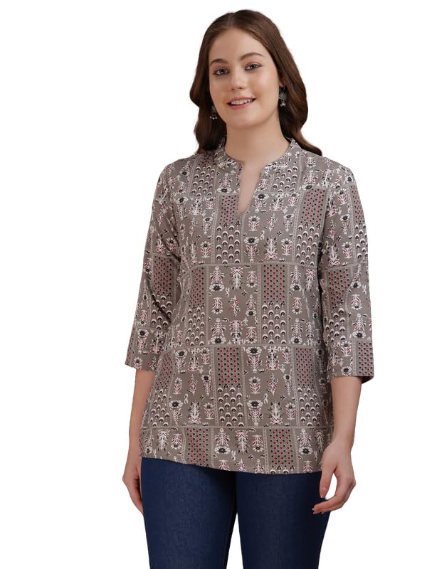 Image of Women's Cotton Printed Kurta Top | 3 /4 Sleeve Straight Kurti Casual Outings