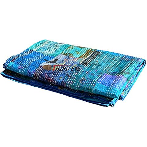 Indian Queen Size Patchwork Silk Kantha Quilt 90x108 Inch Bedcover Silk Patola Quilt Throw Blanket (Terquoise) Cover