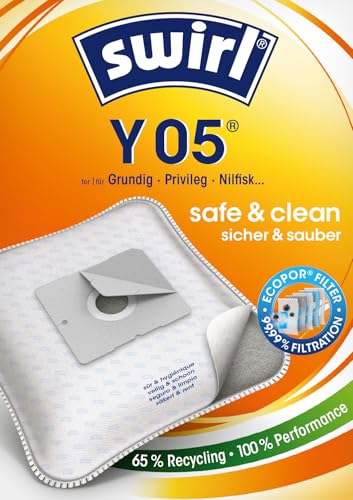 Swirl Y 05 EcoPor Staubsaugerbeutel (10 Beutel), reißfeste Staubbeutel für einige Grundig, Privileg & Nilfisk Staubsauger, im umweltfreundlichen Umkarton, 99,9% Filterung von Haus- & Feinstaub
