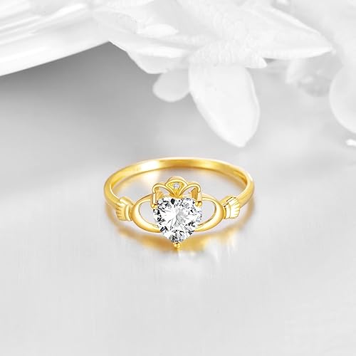 Miniatura 3 de ELFRONT Anillo de oro macizo de 14 quilates con corazón irlandés Claddagh joyería celta con moissanita para mujer, promesa de lealtad, compromiso,