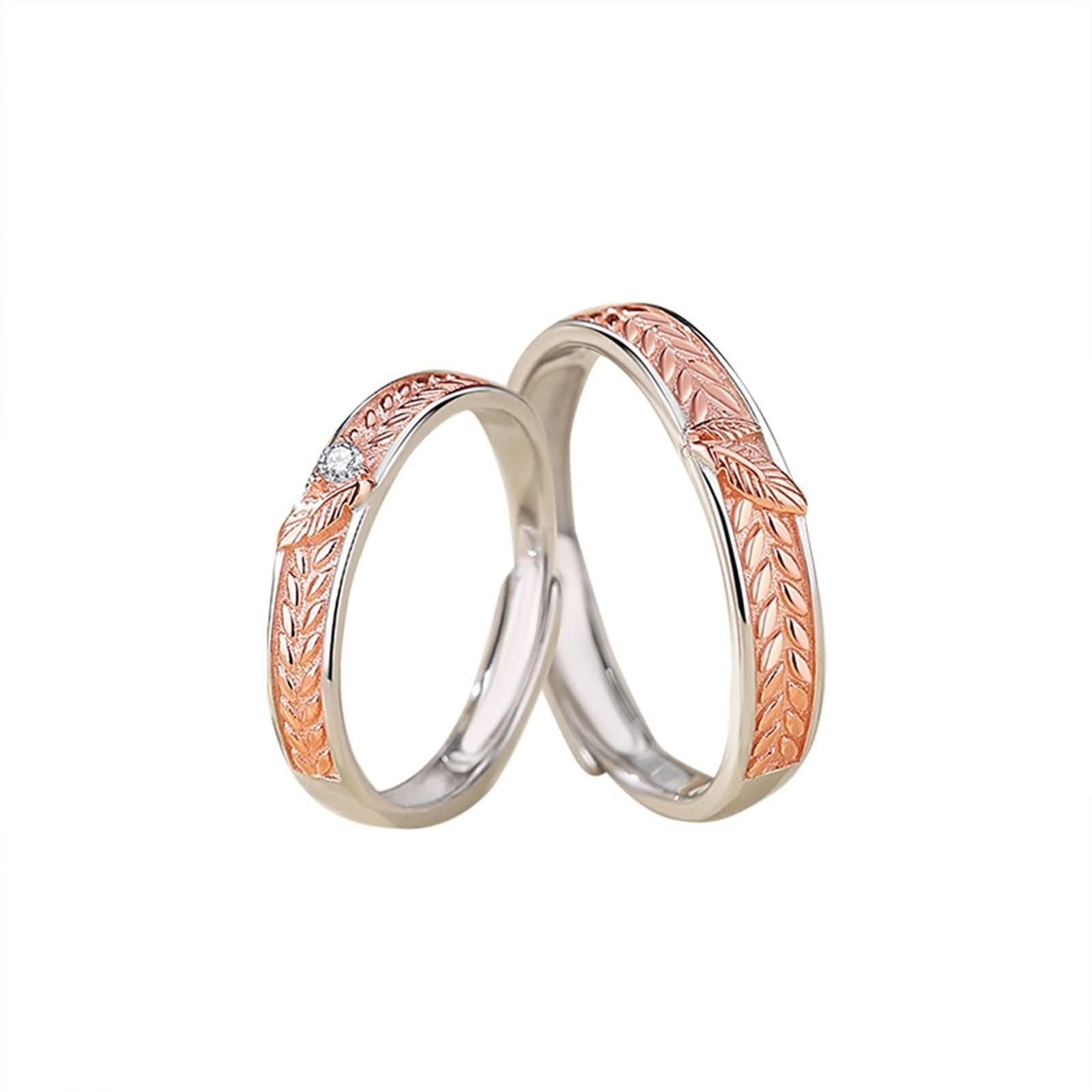Sterling maßgeschneiderte Versprechensblätter mit Zirkonia, verstellbare Eheringe für Männer und Frauen Silber Roségold