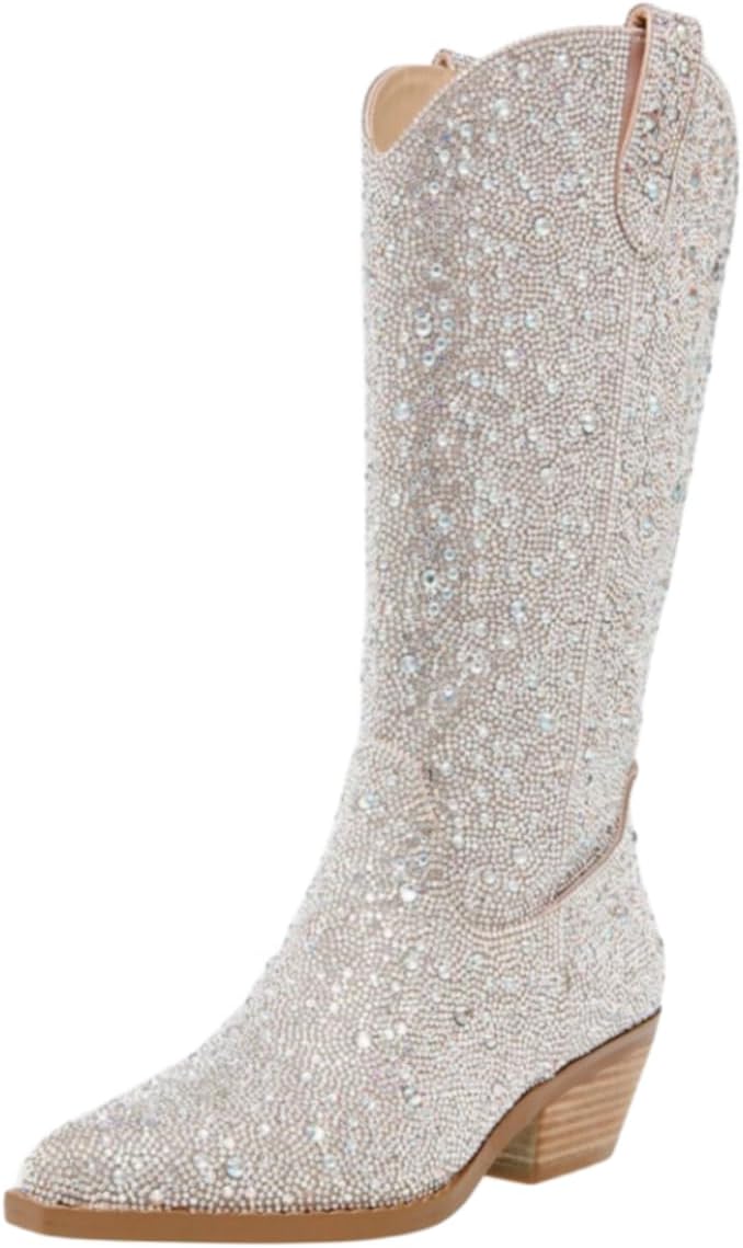 Rhinestone Cowgirl Boots Wide Calf Sparkly Cowboy Boots Pointed Toe Chunky Block Heel Glitter Bling Knee High Boots