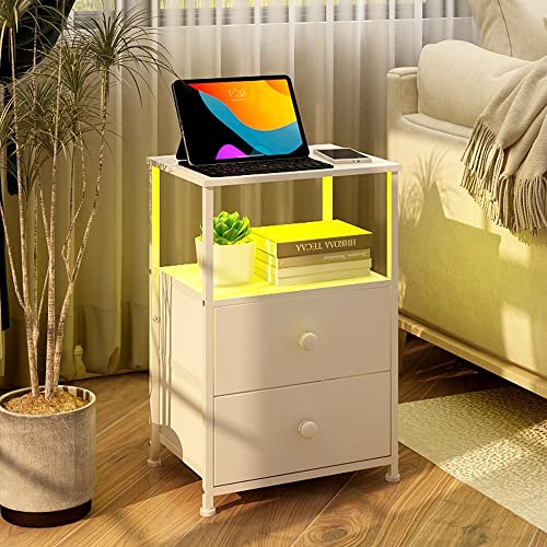 VEDECASA Bedside Table with Charging Station White End Table with LED Light and 2 Fabric Drawers Modern White Nightstand Cabinet for Bedroom Living Room Sofa Couch - Image 3