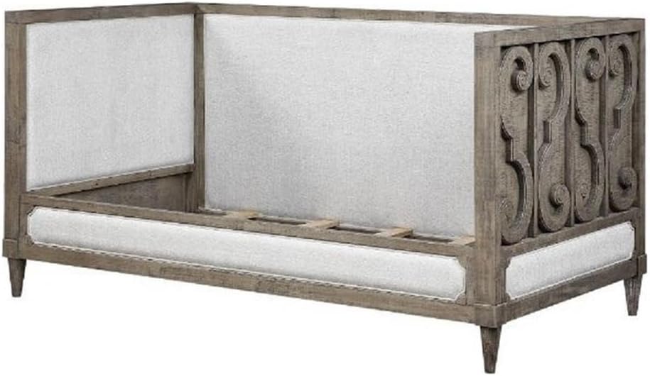 Pemberly Row Composite Wood Daybed, Brown Finish, Fabric Upholstered Frame with Scrolled Carvings, Tapered Legs, Slat System Included, Farmhouse Style Guest Bed for Bedroom or Living Room