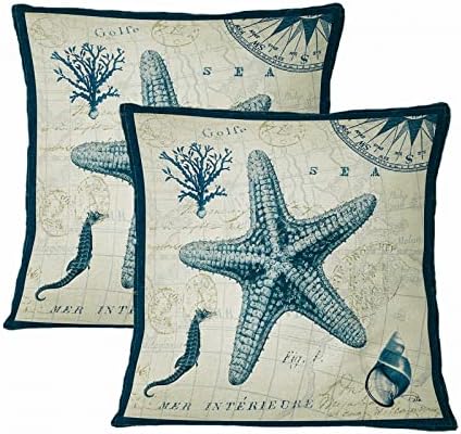 Classic Nautical Coastal Ocean Theme Throw Pillow Covers Set of two Map Compass Coral Starfish Seashell Seashore Pillow Case Outside Residing Room Bed room Sofa Couch Ornamental Cushion Cowl 16×16 Inch