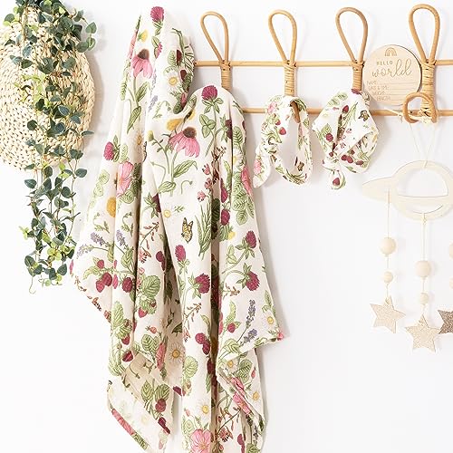 Image of BabyWhale Muslin Swaddle Blanket with Hat and Headband Bow, Floral Pattern Swaddle Set for Baby Boys & Girls, Unisex Newborn Soft Receiving Swaddle Wrap, 47x47 inches