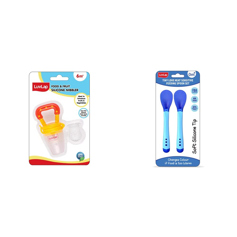 LuvLap Silicone Food/Fruit Nibbler with Extra Mesh, Soft Pacifier/Feeder & LuvLap Tiny Love Heat Sensitive Baby Feeding Spoons Set, Food Grade PP Kids & Baby Spoon with Soft Silicone Tip,2 pcs, Blue