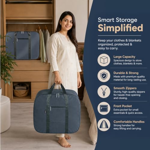 Image of Storite Twill Nylon Underbed Storage Bag Moisture Proof Cloth Organiser | with Zippered Closure and Handle (Grey, 56x46x30cm) Rectangular