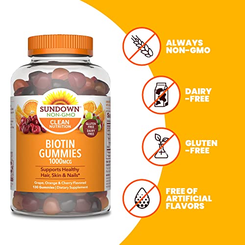 Sundown Biotin Gummies , Supports Healthy Hair, Skin & Nails, Non-Gmo, Free Of Gluten, Dairy, Artificial Flavors, 1000 Mcg, 130 Gummies #TOP3