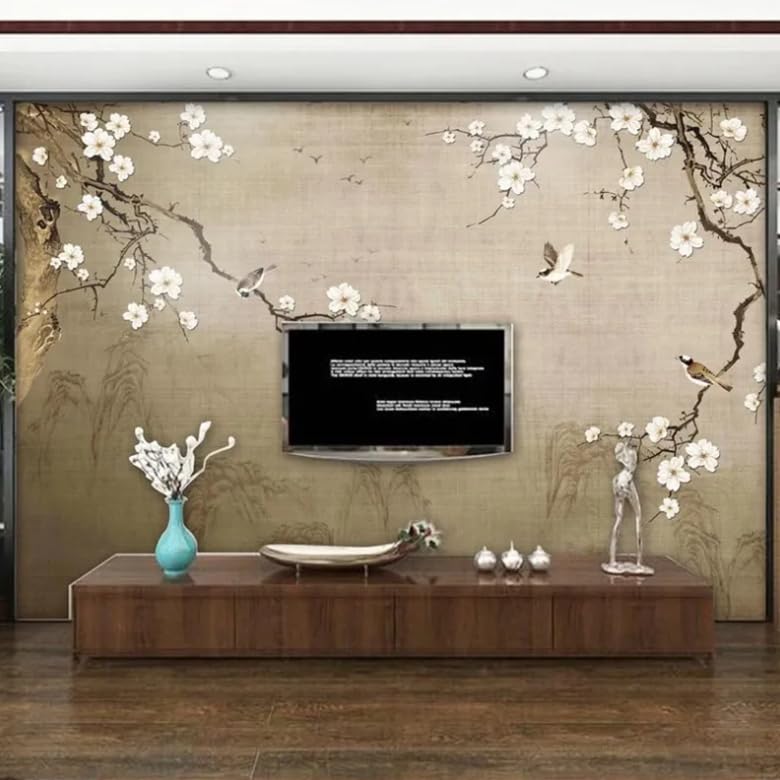 Papier peint style chinois salon : photo murale fleurs et oiseaux 250x175cm
