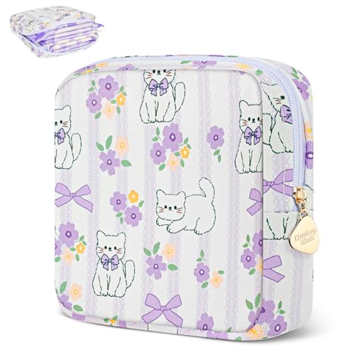 Desing Wish Sanitary Pad Storage Bag Portable Period Bag for Teen Pads/Sanitary Napkins/Small Tampons, Sanitary Napkin Storage Bag First Period Gifts for Teen Girls (Purple Bowknot Cat)