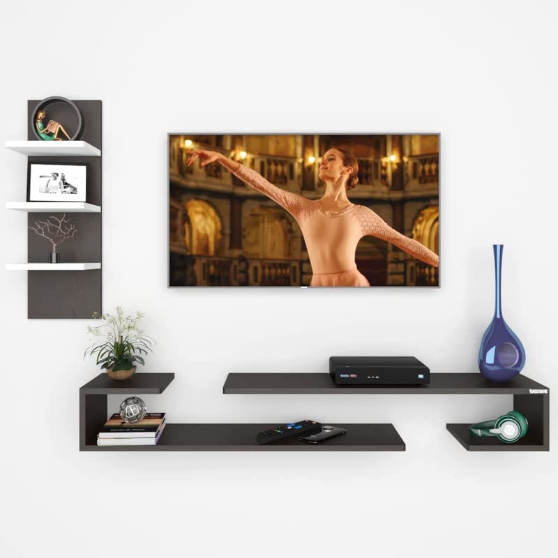Image of ESTANTERIA White Stack Tv Unit Wall Mounted Engineered Wood TV Unit, TV Cabinet for Wall, TV Stand for Wall, TV Stand Unit Wall Shelf for Living Room, Set Top Box Wall Display Rack Stand (Wenge /White)