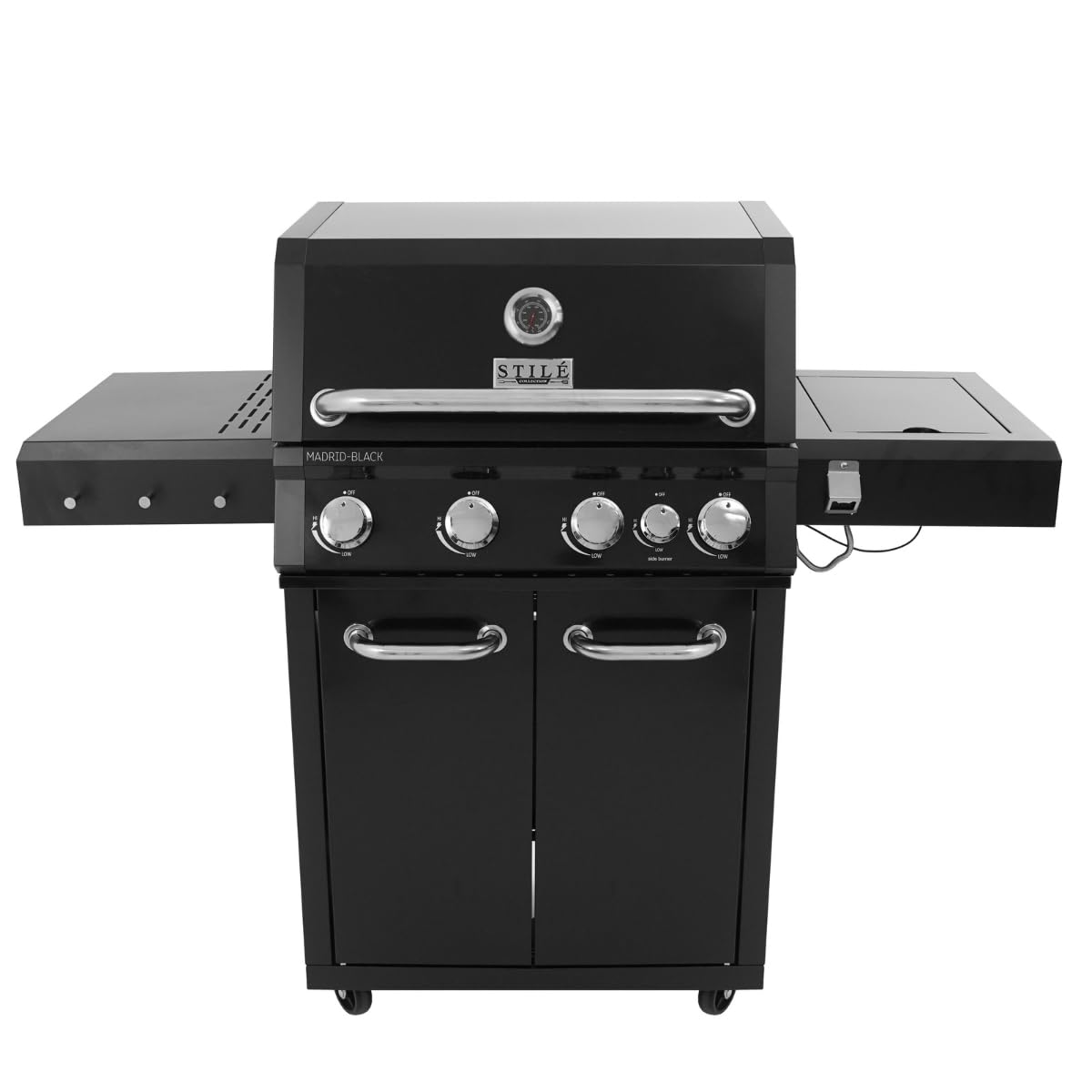 Barbecue a Gas 4 Bruciatori + Fornello Laterale 3,2 kW – BBQ in Acciaio Inox con Griglie in Ghisa Termometro Integrato, Coperchio e Ruote | Cucina da Giardino Professionale