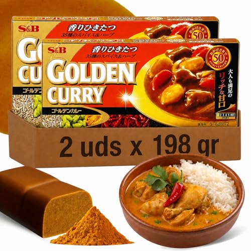Curry Japones en Pastilla, Pastillas de Golden Curry, Pasta curry japonés suave, Elaborado con 35 especias diferentes, Apto para elaborar unas 12 raciones, Poco picante, Contiene 396 gr
