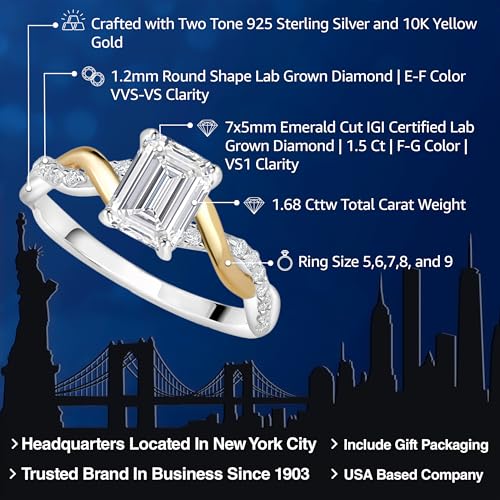 Gem Stone King 925 Silver and 10K Yellow Gold IGI Certified Lab Grown Diamond Engagement Ring For Women | 1.68 Cttw | Center Emerald Cut Diamond 1.5 Ct | F-G Color | VS1 Clarity2