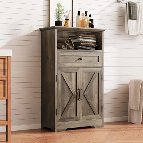 Viroformo Floor Cabinet, Farmhouse Storage Cabinet with Barn Doors and Drawer, 11.81' D x 23.62' W x 39.37' H Grey Freestanding Adjustable Shelf Organizer for Bathroom, Kitchen, Living Room