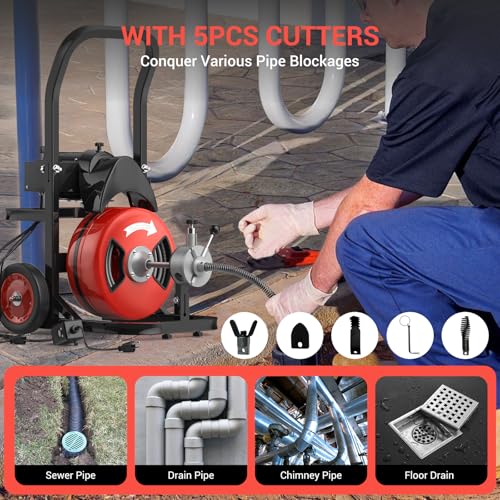 75Ft 1/2 Inch Cable Drain Cleaning Machine, 450W Auto Feed Portable Electric Sewer Snake, Electric Drain Auger with 6 Cutter Air-Activated Foot Switch for 2" to 4" Pipes