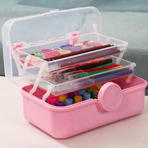 صندوق تخزين بلاستيكي قابل للتكديس من 3 طبقات - منظم شفاف كبير مع مقبض حمل، مثالي للاكسسوارات ومستحضرات التجميل والادوية والالعاب وادوات الخياطة والطعام واللوازم المدرسية