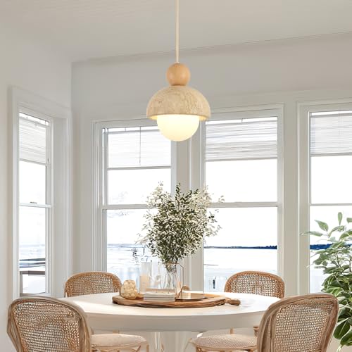 Image of Natural Cave Stone Pendant Lights Kitchen Island Japanese Wabi Sabi Pendant Light Fixture with Wood Ceiling Plate Hanging Lamp for Hallway, Bedroom, Dining Room 2 Packs
