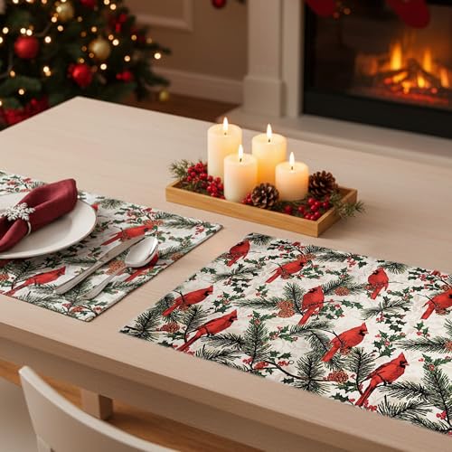 Image of Dining Table Mats Set of 2 - Bird Red Green Christmas Theme,Digital Print, Washable, Indoor /Outdoor, Heat-Proof, Wipe & Clean (47X33 cm) Red & Green