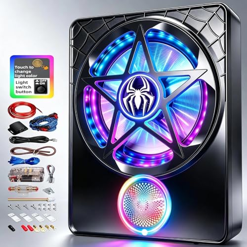 Upgraded 10 Inch 3000W Underseat Subwoofer with Amp, 3-Way Full Range 20Hz–22kHz Car Slim Powered Subs Combo with RGB Beat Sync LED, Bass Boost Low Pass Filter Plug and Play for Truck SUV Car