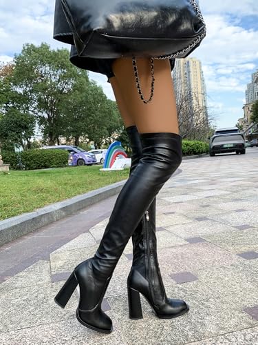 Women's Over The Knee Thigh High Chunky Heel Boots Pointed Toe Long Boots with Zipper3