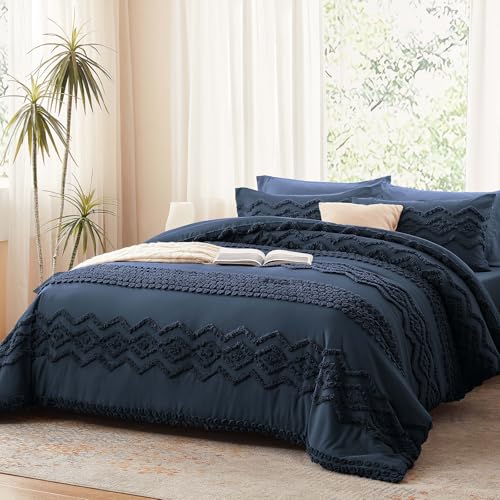 Image of Luxudecor Navy Blue Boho Tufted Comforter Set Queen Size 3 Pieces Boho Shabby Chic Comforter Farmhouse Embroidery Bedding Set Soft Comforter for All Seasons (Navy Blue, 90''x90'')